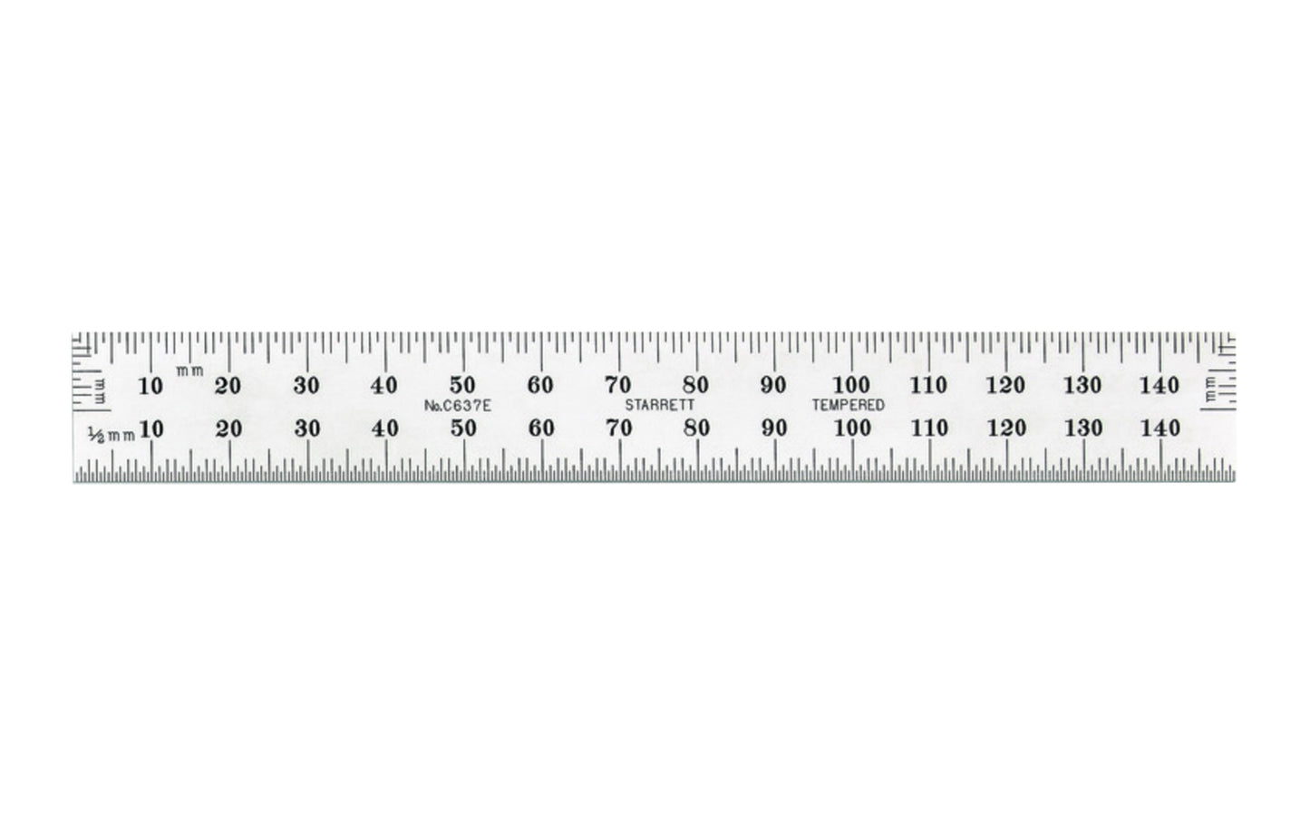 Starrett 6" End Read Rule - 1.0 mm, 0.5 mm Grads. 150mm Full-Flexible Steel Rule with Millimeter Graduation features a satin chrome finish. Graduations at mm and 1/2mm on both sides; mm on both ends on one side. Includes end graduations. 150mm, No. 37 Grad, End Graduations graduations.  Made in USA. Model C637E-150.
