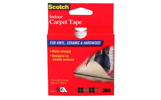 3M Scotch Indoor Carpet Tape for Hardwood, Vinyl, & Ceramic  1.5" x 42". For Hardwood, Vinyl, & Ceramic. Designed for smooth surfaces. 076308498740. Model CT2010.