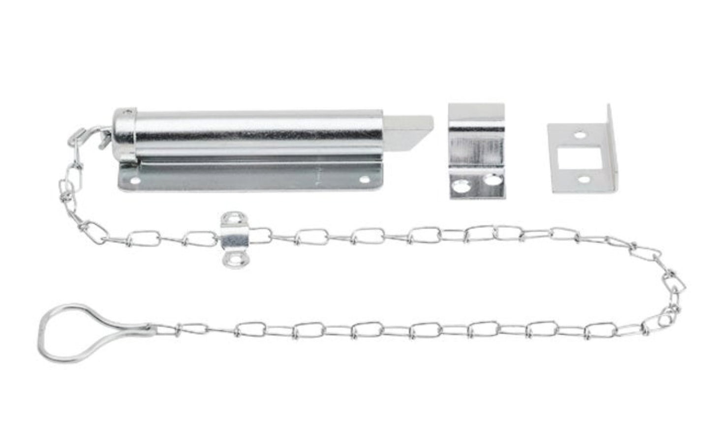 This zinc-plated steel chain bolt is designed for use on in-swinging doors only. Steel case & strike die-cast zinc bolt. Malleable iron 5/8" square reversible bolt. Manufactured from cold rolled steel for durability. National Hardware Model N151-027. 038613150775.