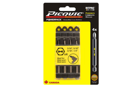 Picquic 4-piece Clutch drive Powerbit Set with sizes 3/32", 5/32", 3/16", 1/4" Clutch drive bits. Replacement bits for Picquic screwdrivers & also good for use in drills & impact drivers. 1/4” hex ball power shank. 057369950101