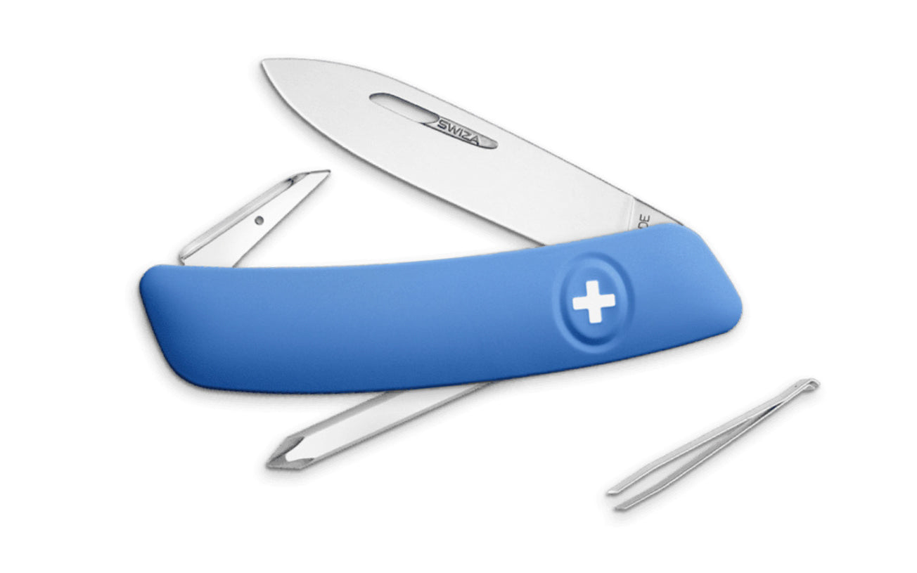 Swiza D02 Blue Swiss Multi-Tool Knife. 3-3/4" closed length. Includes 75 mm blade, blade lock, reamer/punch, sewing awl, cork screw, #1 phillips screwdriver, tweezers. Swiss Army Style Knife. Made in Switzerland.