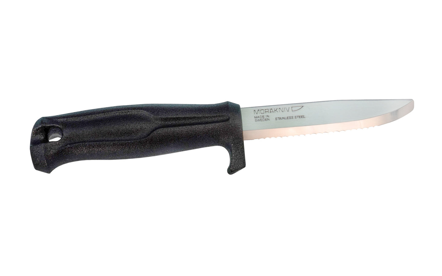 Stainless Steel Serrated "Marine Rescue" knife made by Mora of Sweden. The handle is impact resistant with a large good grip & has a finger guard for safety. It is especially great in an outdoor marine environment. Mora 11529 ~ 7391846003687
