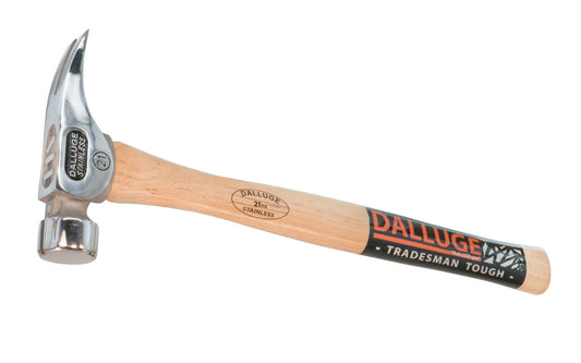 This 21 oz Dalluge Stainless Head Framing Hammer has a smooth face & "NaiLoc" magnetic nail holder. Smooth face. Straight Hickory hardwood handle. Model 2520. 17-1/2" overall length. 698250025203. Dalluge 21 oz Mill Face Stainless Hammer with Magnetic Nail Starter - 17" Straight Handle ~ 2520