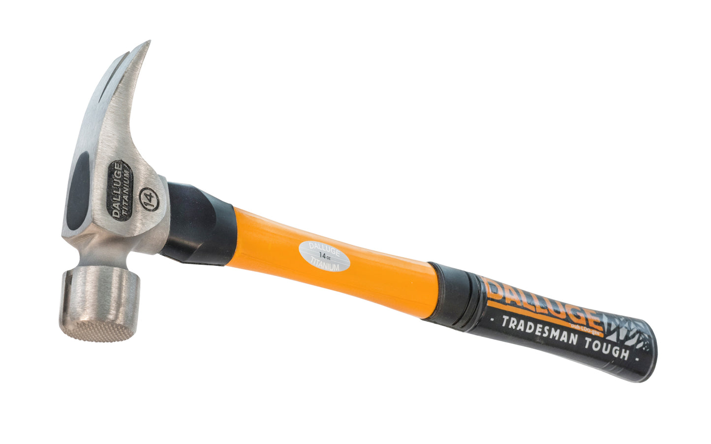 14 oz Titanium Dalluge framing hammer has a lightweight titanium head which provides a faster swing with less effort. Hammer provides faster & greater power at point of impact with less stress & arm fatigue, & has the "NaiLoc" magnetic nail holder. Mill waffle face. Straight Fiberglass handle. Model 7172. 698250071729