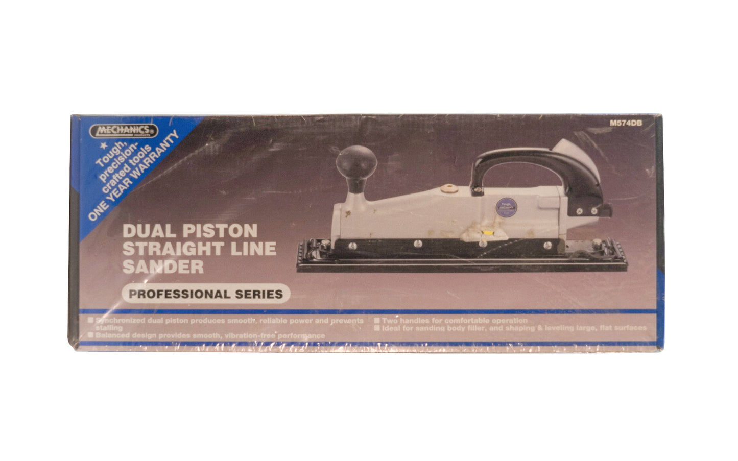 Dual Piston Straight Line Sander. Synchronized dual piston produces smooth, reliable power & prevents stalling. Ideal for sanding body filler, & shaping & leveling large flat surfaces. Mechanics Products. 039564505744. Model No. M574DB