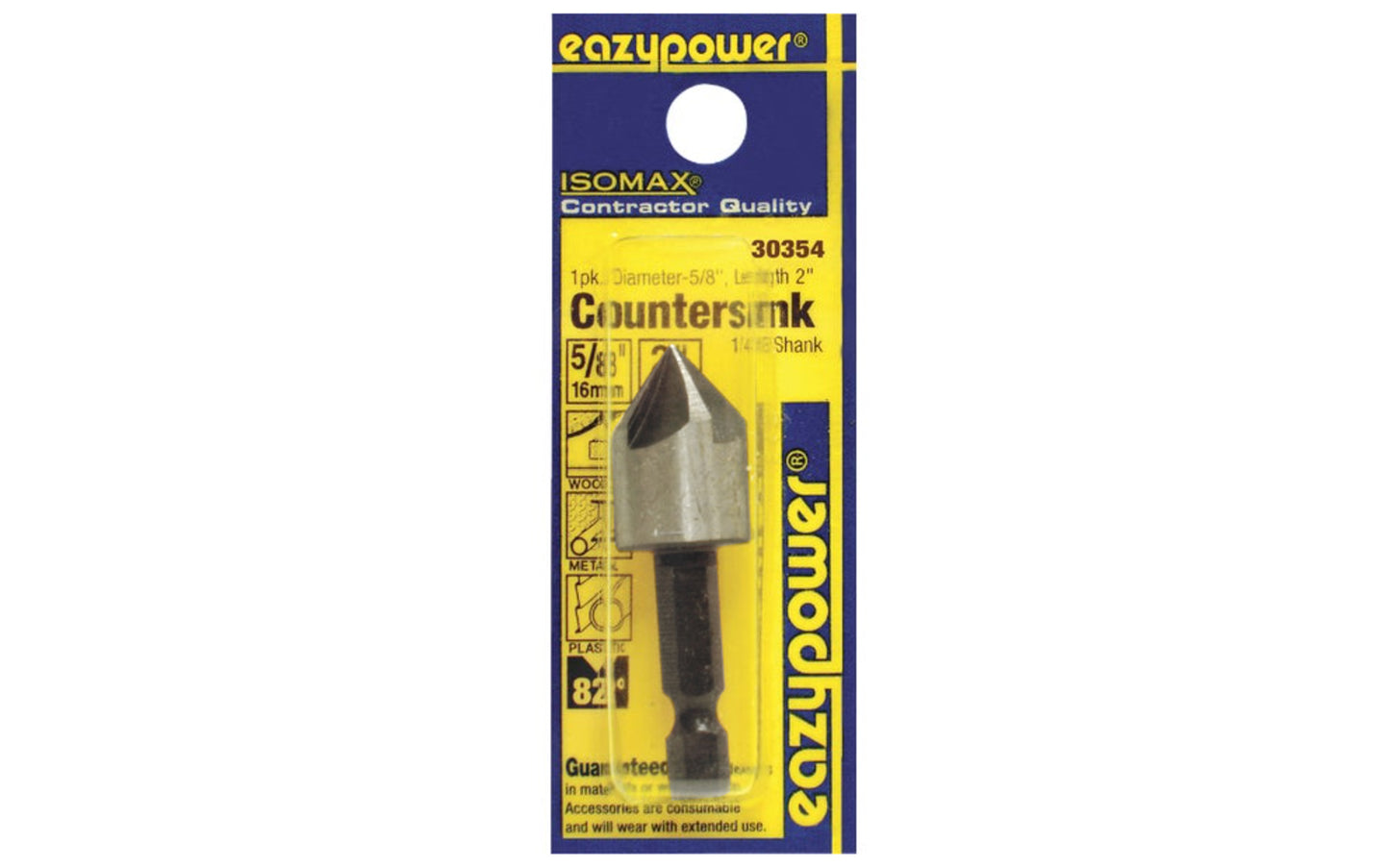 Eazypower 5/8" Countersink HSS bit with hex shank. Countersink, deburr, & chamfer holes in soft metals & wood. Five cutting flutes. 1/4" hex quickchange shank bit. 82° cutting angle head. High Speed Steel - 2" overall length of countersink bit. 083771303549. Eazypower Isomax Model 30354