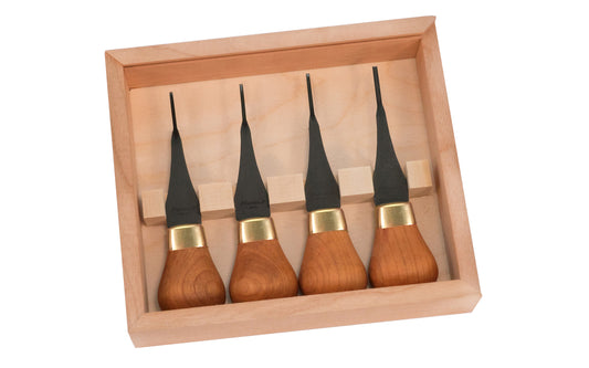 Flexcut Premium Micro Palm Carving Set FRP804 features broad, short knob handles in the European tradition. The handles are cut from fine cherry wood with a polished brass ferrule for strength, stability & long working life. The set comes in its own cherry box with a lid. The blades are made of High Carbon Steel. ~ Made in USA ~ 651646018043