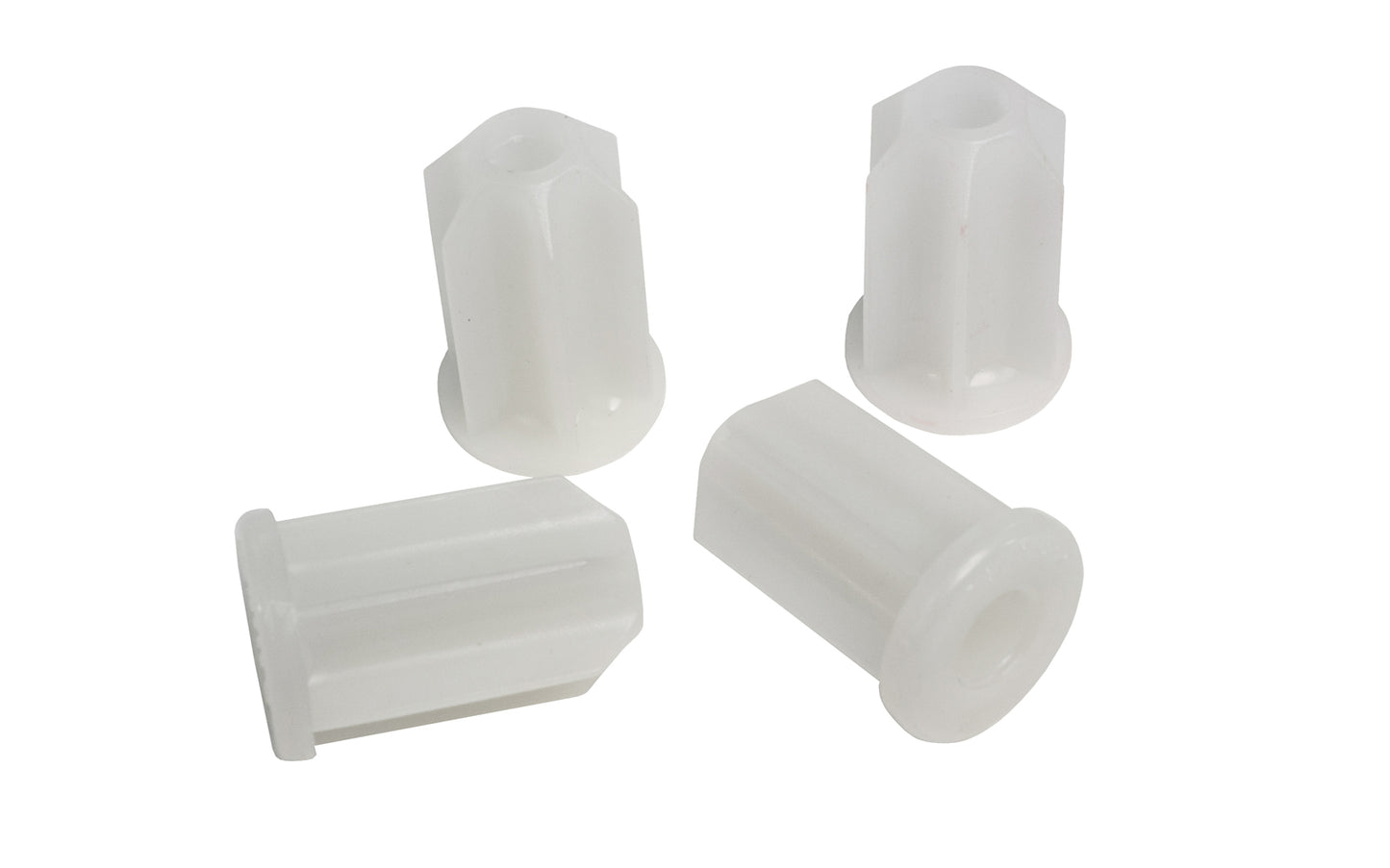 Faultless 7/8" O.D. Plastic Caster Sockets. 1/4" I.D. 1-3/8" high tips. Made by Faultless Caster Corp. Made in USA.