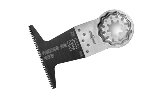 Fein Tools 2-1/2" wide Wood Precision E-Cut BIM Blade - 229 Blade. Bimetal with double-row Japanese teeth for all wood materials, drywall & soft plastics. Increased service life & strength. Fastest work performance & maximum precision. Extra-wide shape for maximum cutting performance & long straight cuts. Starlock 