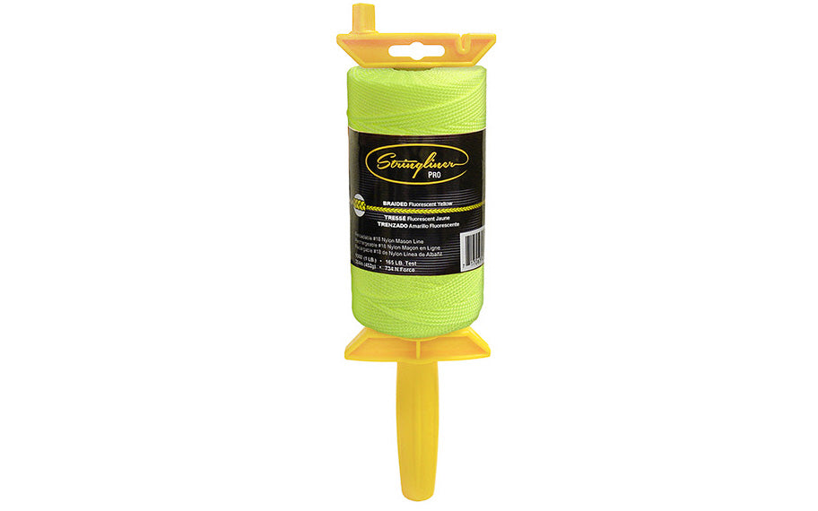 Stringliner Braided Mason Line - Fluorescent Yellow. Stringliner PRO Mason's Line Reloadable Reels are made of durable polyethylene, with a USA-made handle that allows you to quickly change rolls. Pro Reel fits all Stringliner rolls from 4" to 6" long. Available in 250', 500' & 1000' length rolls. #18 nylon mason line