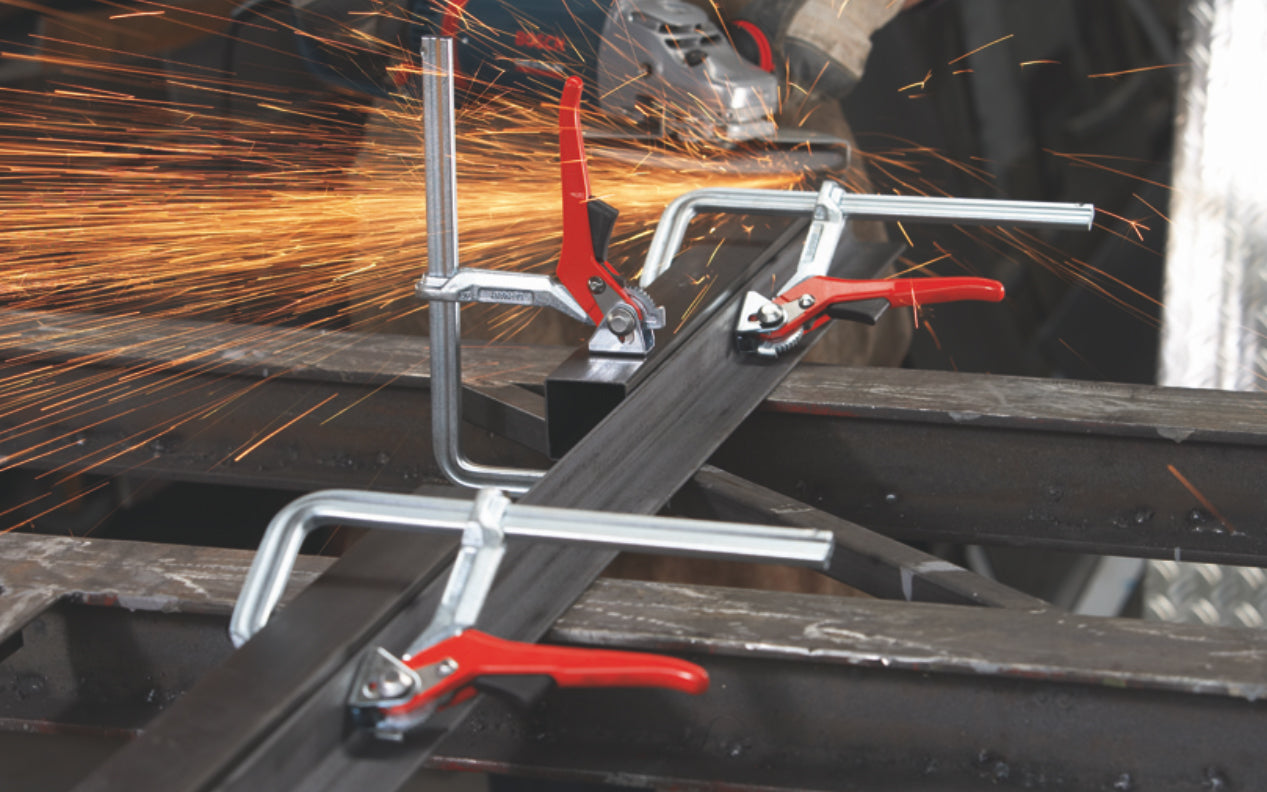 These Bessey All-Steel Lever Bar Clamps "classiX" GSH Series are quick lever clamps. They are secure & unaffected by vibrations with strong, high clamping force. Secure ratchet mechanism. Non-slip trigger release. Classic profiled rail. Large tilting pressure plate. Available in 4", 8", 12" & 20" clamping capacities.