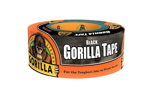 Gorilla Tape, Black - 1.88" x 30 Yards is made with double-thick adhesive, strong reinforced backing, & a tough all-weather shell. This duct tape is great for projects & repairs both indoors & out. Gorilla tape sticks to smooth, rough & uneven surfaces, including wood, stone, stucco, brick, metal & vinyl. 052427010483