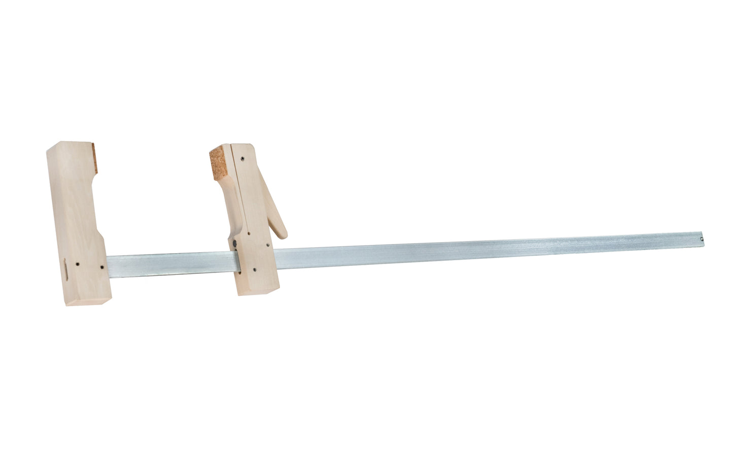 Wood cam clamp made by Gross Stabil with a 31" opening capacity & 4" deep throat. Upper jaw slides into position, & the offset cam lever delicately locks the work piece in place giving strong pressure. Clamp has cork pads for non-marring of work pieces. Wood jaws & a zinc-plated steel bar. Made in Germany. Model 18236