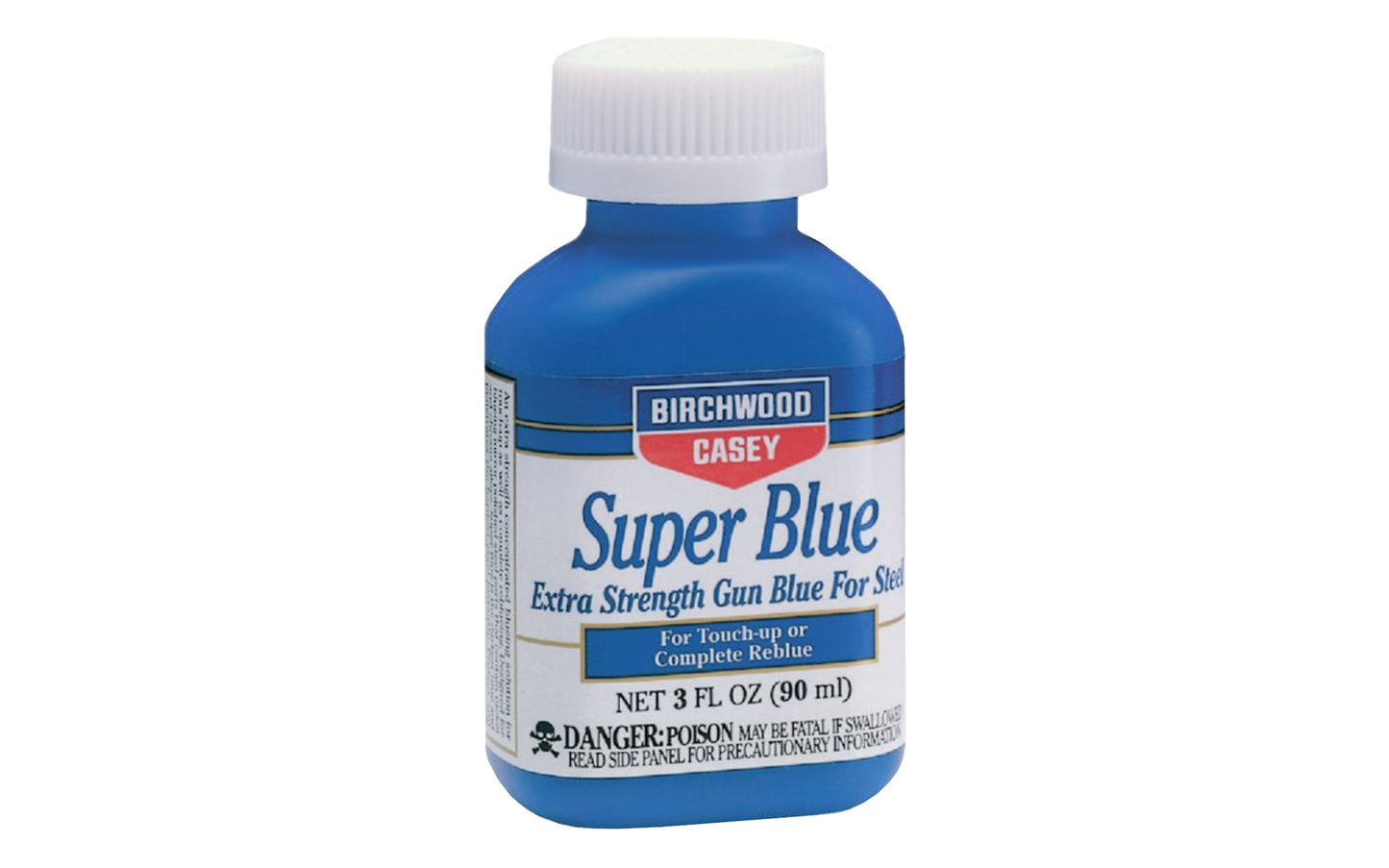 Made in USA · Extra strength, deep penetrating gun blue for steel. Restores gun barrel to its original finish without rubbing. Ideal for touch-up or complete reblue. A double strength blueing solution for polished steel parts & hardened steels. 3 fl. oz. 029057134254