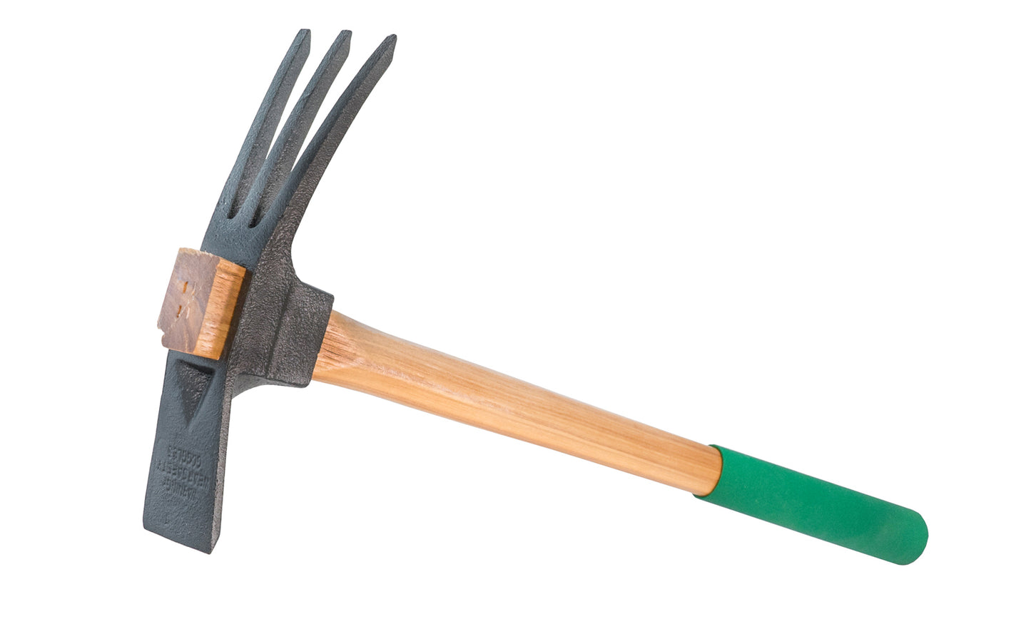 A tiller mattock with rubberized grip made by Vaughan Mfg. Tines for shallow digging & clearing weeds & debris from outdoor areas. Mattock end to chop small roots. Head made from ductile Iron. Ergonomically designed for maximum shock resistance & high-impact strength. V & B Groundbreakers. Model HMTG. 093848852030