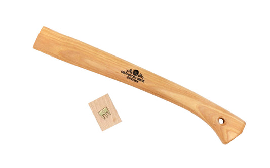 Gränsfors Bruk replacement hickory handle designed for the Wildlife Hatchet No. 415. The wooden shafts are impregnated with warm linseed oil & beeswax, which increases the quality of the shafts. include a wooden wedge & a three-legged iron wedge. Model No. 415H. 7391765415066