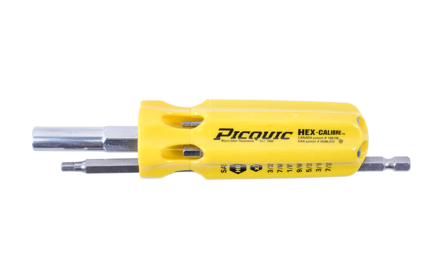 Picquic Model 88151 - "Hex Calibre" with a solid handle for comfort & torque, & has no moving parts. Bits included: 3/32", 7/64", 1/8", 9/64", 5/32", 3/16", 7/32" size hex bits. Picquic TrueTorx Multi-Bit screwdriver with bit storage in handle. 57369881511. magnetic rare earth magnet holds the working bit in shank.
