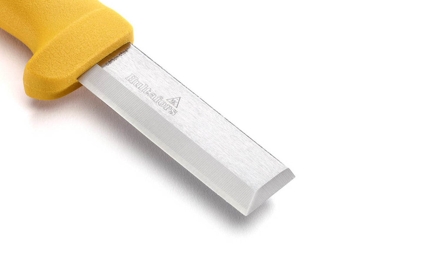 Hultafors robust chisel knife with V-ground chisel function. Model STK - 380070U. Made of high carbon steel. 2-7/8" long blade - 3 mm thick blade. 7/8" blade width. Cutting edge has been sharpened with a double edge angle & a final honing on a leather strop. Back of chisel handle can be hit with hammer. 7315293800712