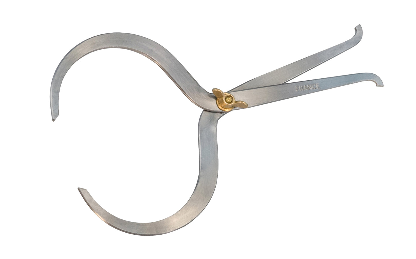 Inside & Outside Turner's Double Caliper - Made in France ~ Brass Wing Nut -make gauging the thickness of a turned bowl easy & fast. Close the caliper on the piece being gauged & measure the thickness on the other end of the caliper. Brass fixing nut. Inside Capacity: 4.33" (110 mm). Outside Capacity: 6.69" (170 mm)