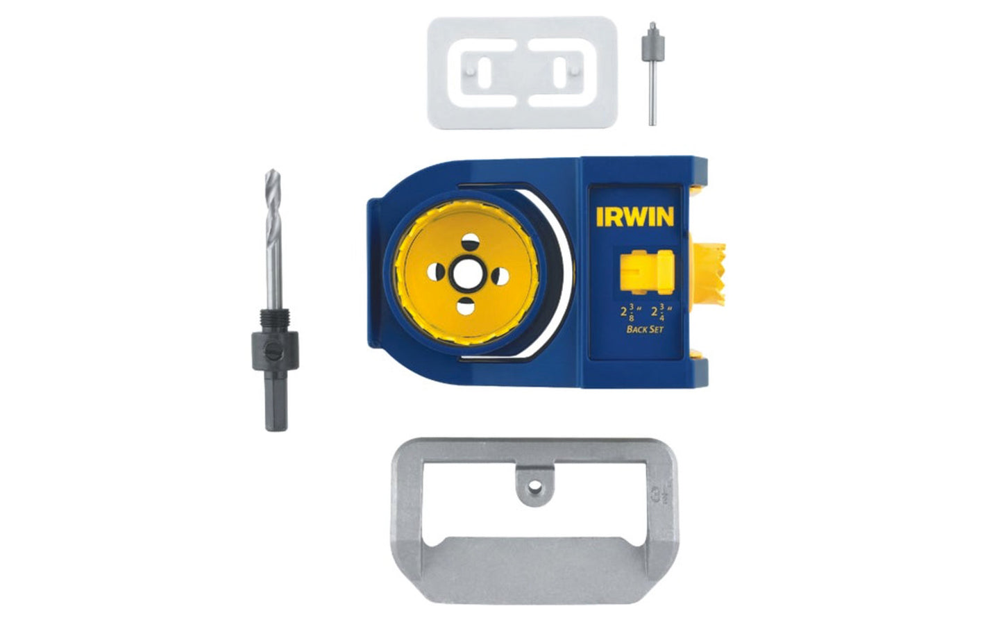Irwin Carbon steel Door Lock Installation Kit for Wood Doors. Hole saw for wood doors. Adjustable for both 2-3/8" & 2-3/4" backsets. Includes bolt plate template & router bit. Hinge plate template included. Self centering jig fits all common door widths. Irwin model No. 3111002. 038548037547