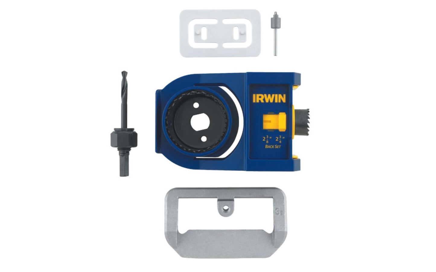 Irwin Bi-Metal Door Lock Installation Kit for Wood & Metal Doors. Bi-Metal hole saw for metal & wood doors. Adjustable for both 2-3/8" & 2-3/4" backsets. Includes bolt plate template & router bit. Hinge plate template included. Self centering jig fits all common door widths. Irwin model No. 3111001.