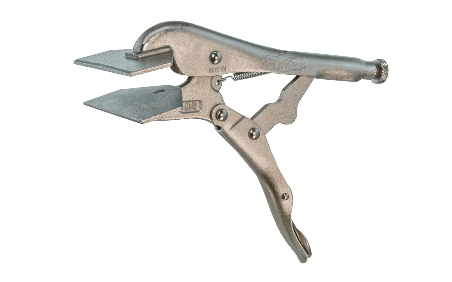 Irwin Vise Grip 8R Locking Sheet Metal Tool makes bending, forming, & crimping sheet metal jobs easier. Turn screw to adjust pressure and fit work. Stays adjusted for repetitive use. Constructed of high-grade heat-treated alloy steel for maximum toughness & durability. Model 8R. Item No. 23. 038548000237