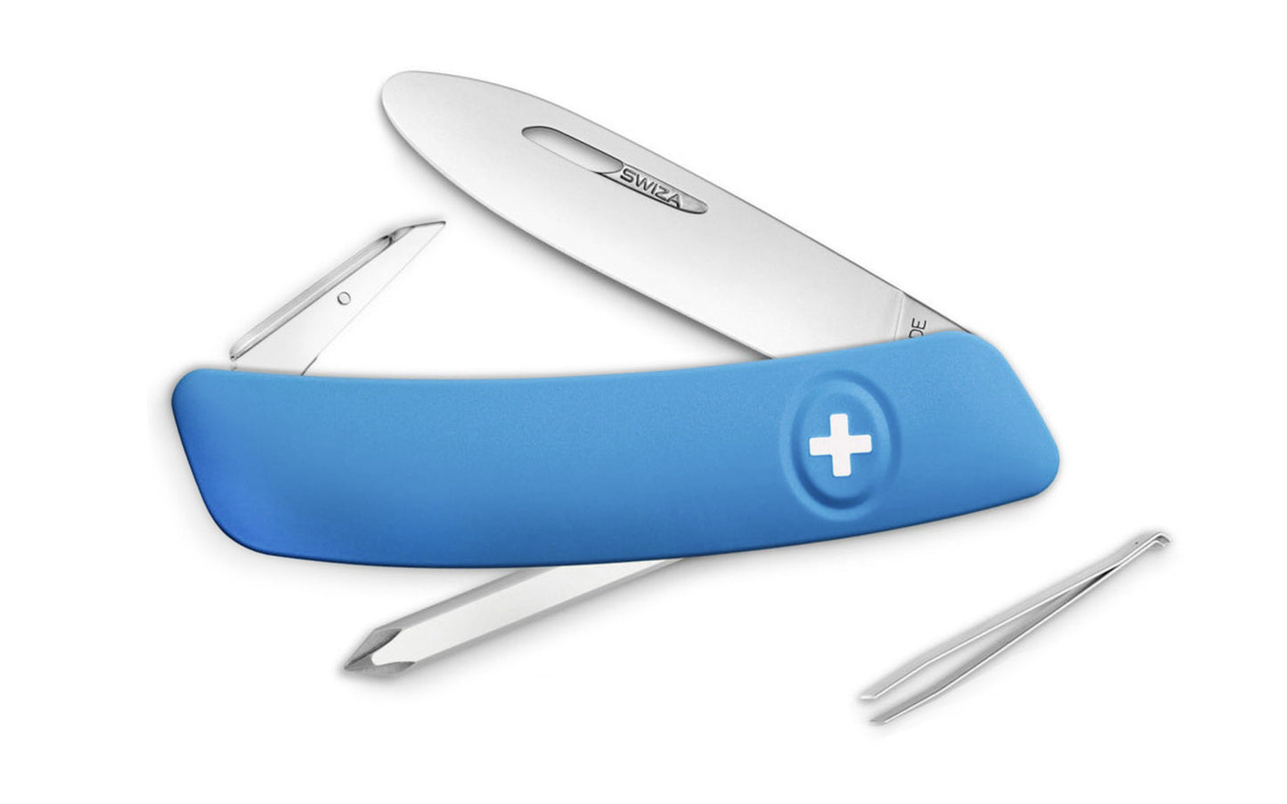 Swiza D02 Junior Blue Swiss Multi-Tool Knife. 3-3/4" closed length. Includes 75 mm blade, blade lock, reamer/punch, sewing awl, #1 phillips screwdriver, tweezers. Swiss Army Style Knife. Made in Switzerland.