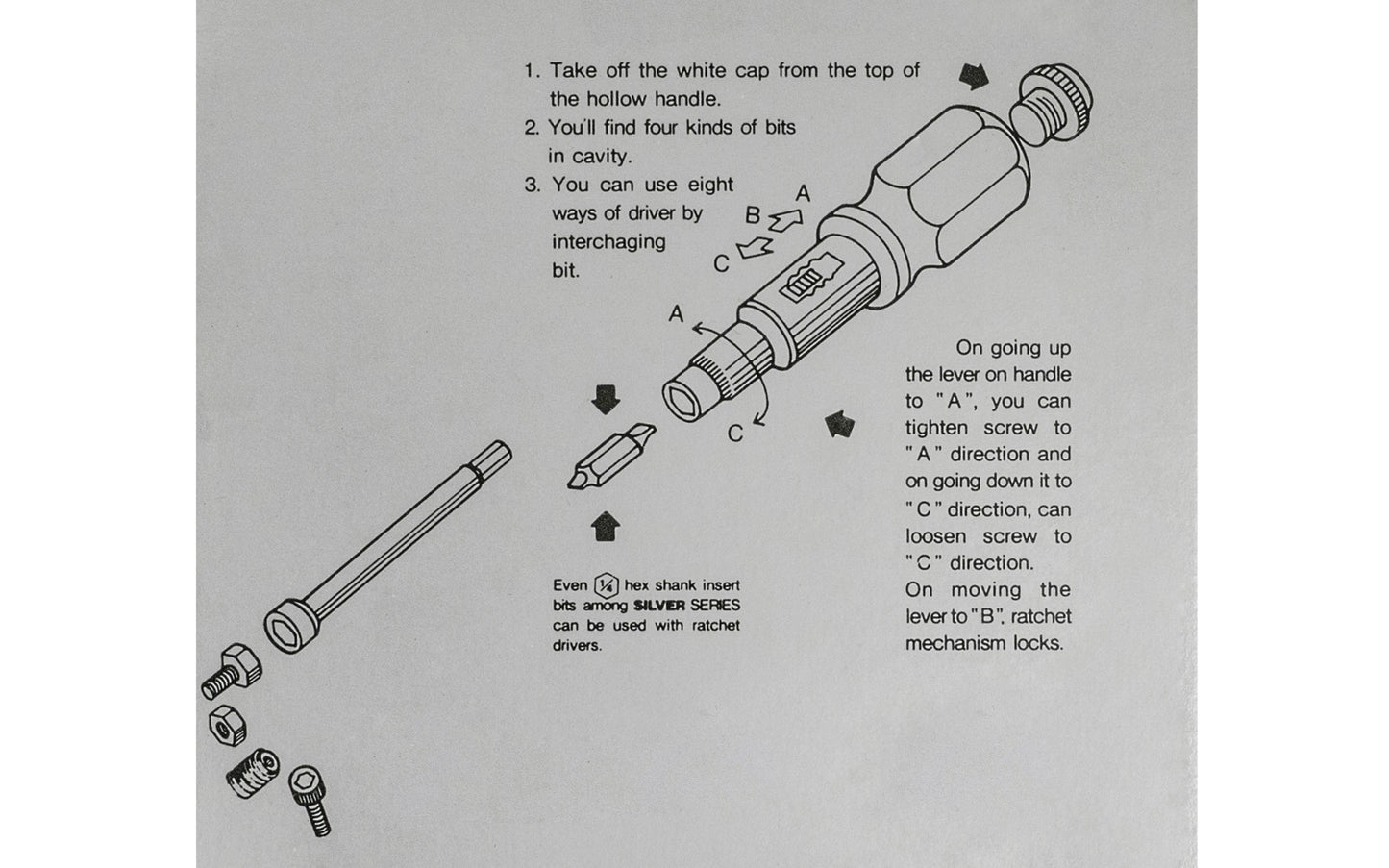 Japanese-made 13-piece SAE Nut Driver & Screwdriver Set has 3/16", 7/32", 1/4", 9/32", 11/32", 3/8" nut driver sizes. 1/8", 3/16", 1/4", 7/32" slotted screwdriver bit blade sizes, & No. 1, No. 2, No. 3, No. 4 phillips screwdriver blade bit sizes. 4" magnetic extension blade. Ratcheting screwdriver. Made in Japan