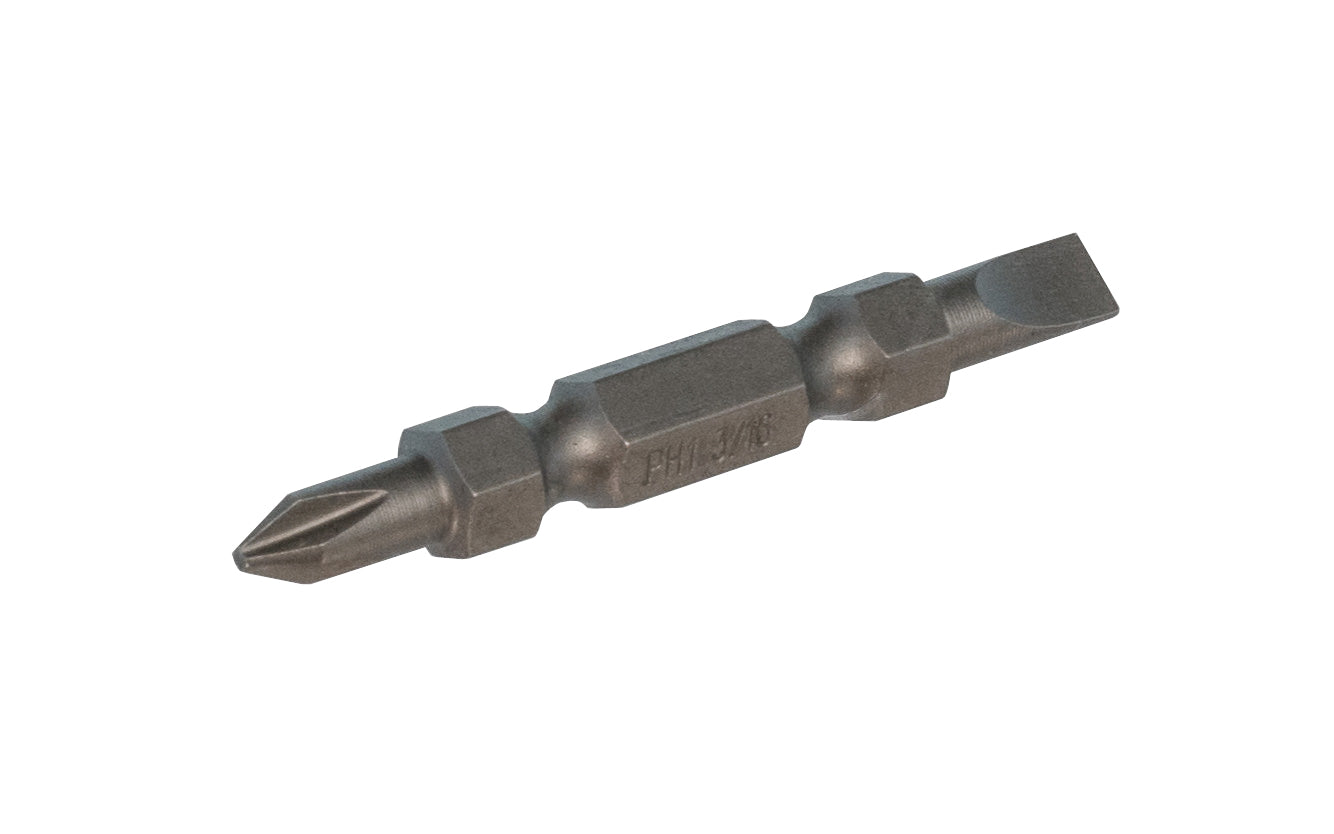 A Double End Insert Bit - No. 1 Phillips & 3/16" Slot. 1/4" hex shank. Heat treated S-2 tool steel. Lutz Model No. 23024. 052427230249