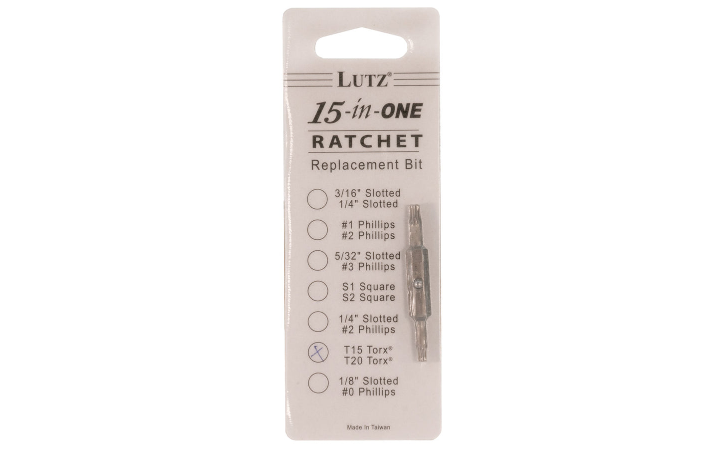 Lutz Torx 15 & Torx 20 Double Bit designed for the Lutz 15-in-1 Ratchet Screwdriver See here. Made of chrome vanadium 6150 steel alloy, which is heat treated to a Rockwell of 58 to 60. 2" long bit. Model No. 21106. 052427211064