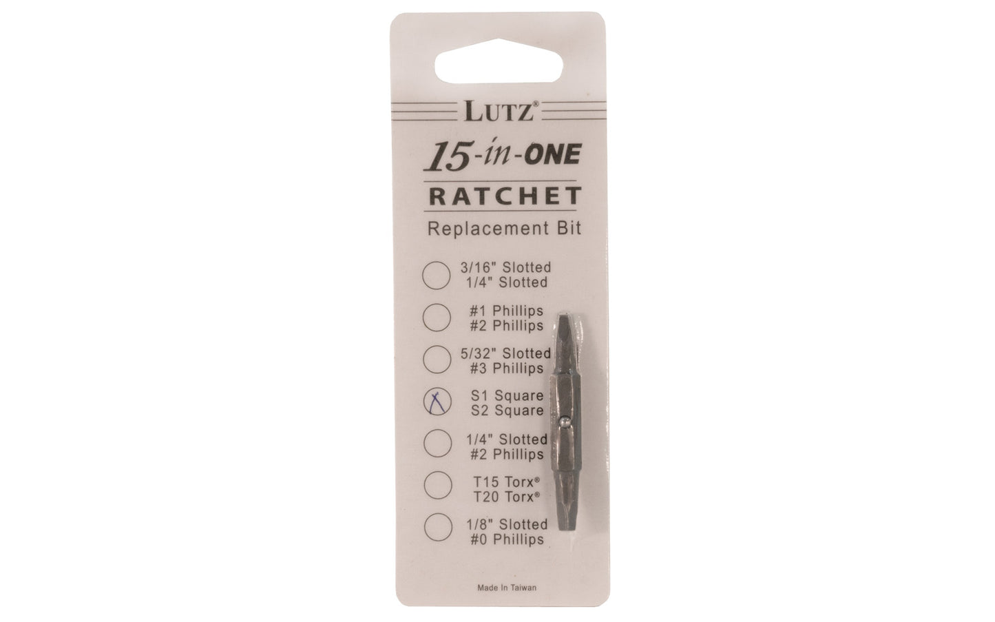 Lutz #1 & #2 Square Drive Double Bit designed for the Lutz 15-in-1 Ratchet Screwdriver See here. Made of chrome vanadium 6150 steel alloy, which is heat treated to a Rockwell of 58 to 60. 2" long bit. Model No. 21107. 052427211071