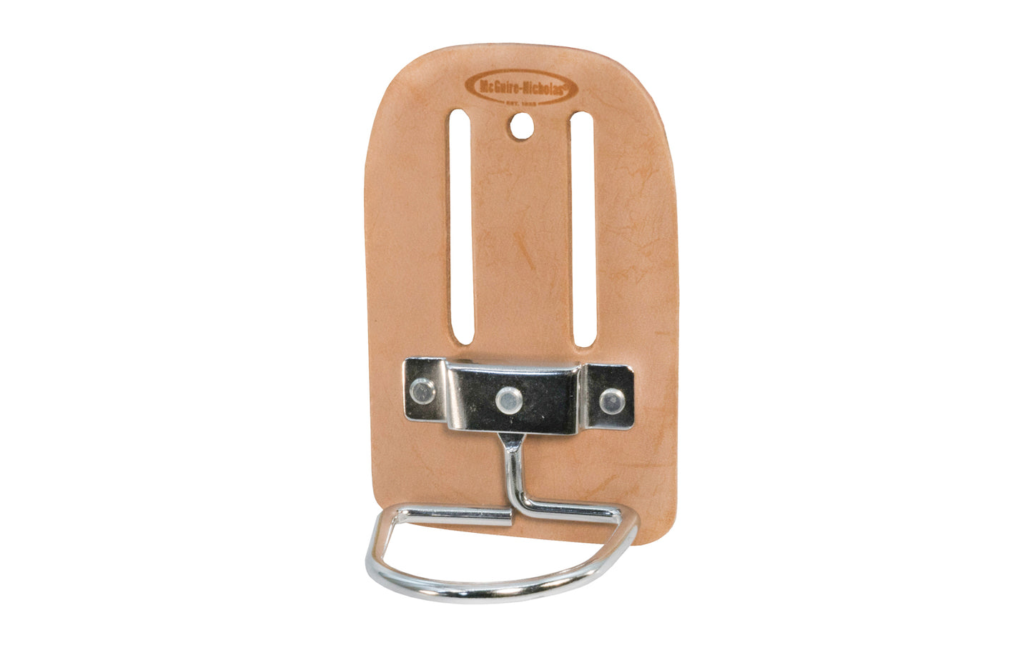 This McGuire Nicholas Hammer Holder Model 739 is made of saddle leather material & has a rust resistant, plated steel loop. The swinging steel loop keeps hammers vertical. Fits up to a 2-1/2" work belt. 023437007398. Mcguire Nicholas Hammer Holder with Metal Loop.