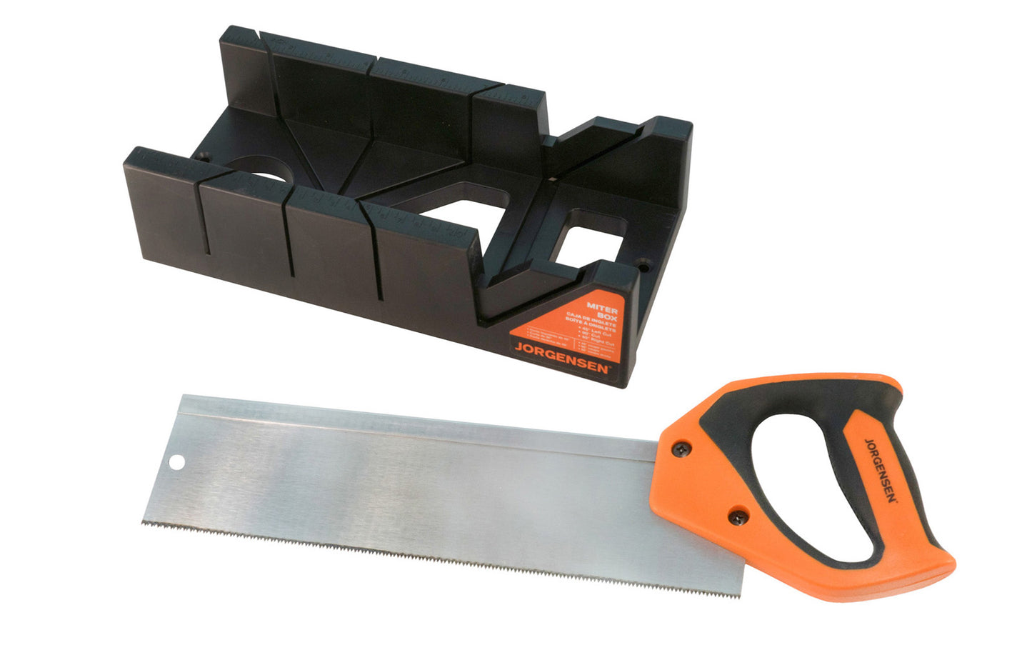 Jorgensen Miter Box with 14" Back Saw · Model 60115 ~ Cuts mitres on 45° & 90° angles ~ 14" TPI back saw handsaw included ~ Holes in base for fastening to workbench ~ It’s a lightweight & simple to use choice for a variety of projects. Miter box is made of plastic material. 044295601153. Pony Mitre Box with Handsaw