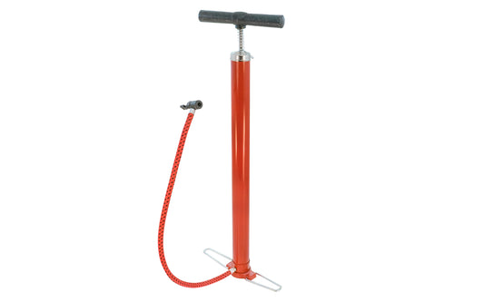 Hand Air Pump that's great for tires, bicycles, sports equipment, & more. 23" long steel barrel. Red color. N-100