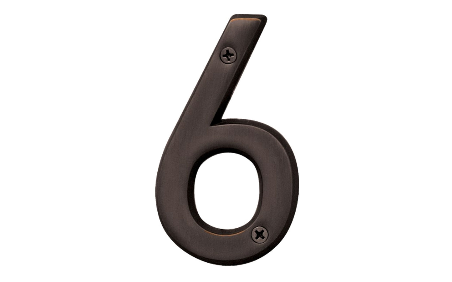 Number Six House Number in a 4" size. Made of solid brass material with an oil rubbed bronze finish. Hy-Ko Model BR-420WB/6. Number "6" house number. Old World Bronze finish. Hardware house numbers for outdoors. Includes screws. 029069309466.