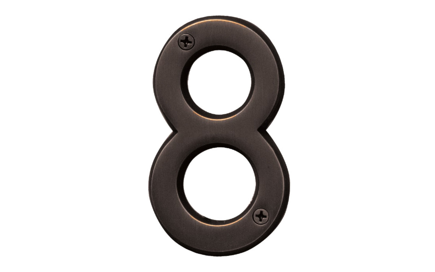 Number Eight House Number in a 4" size. Made of solid brass material with an oil rubbed bronze finish. Hy-Ko Model BR-420WB/8. Number "8" house number. Old World Bronze finish. Hardware house numbers for outdoors. Includes screws. 029069309480.