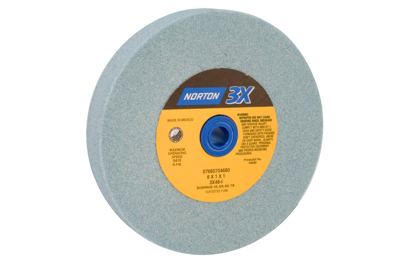6" Ceramic Alumina Bench Grinding Wheel made by Norton. Minimizes burn - 3x high performance. 6" diameter of wheel. 1" thickness. 46 grit. 5410 Max RPM. Model 04680. 076607046802