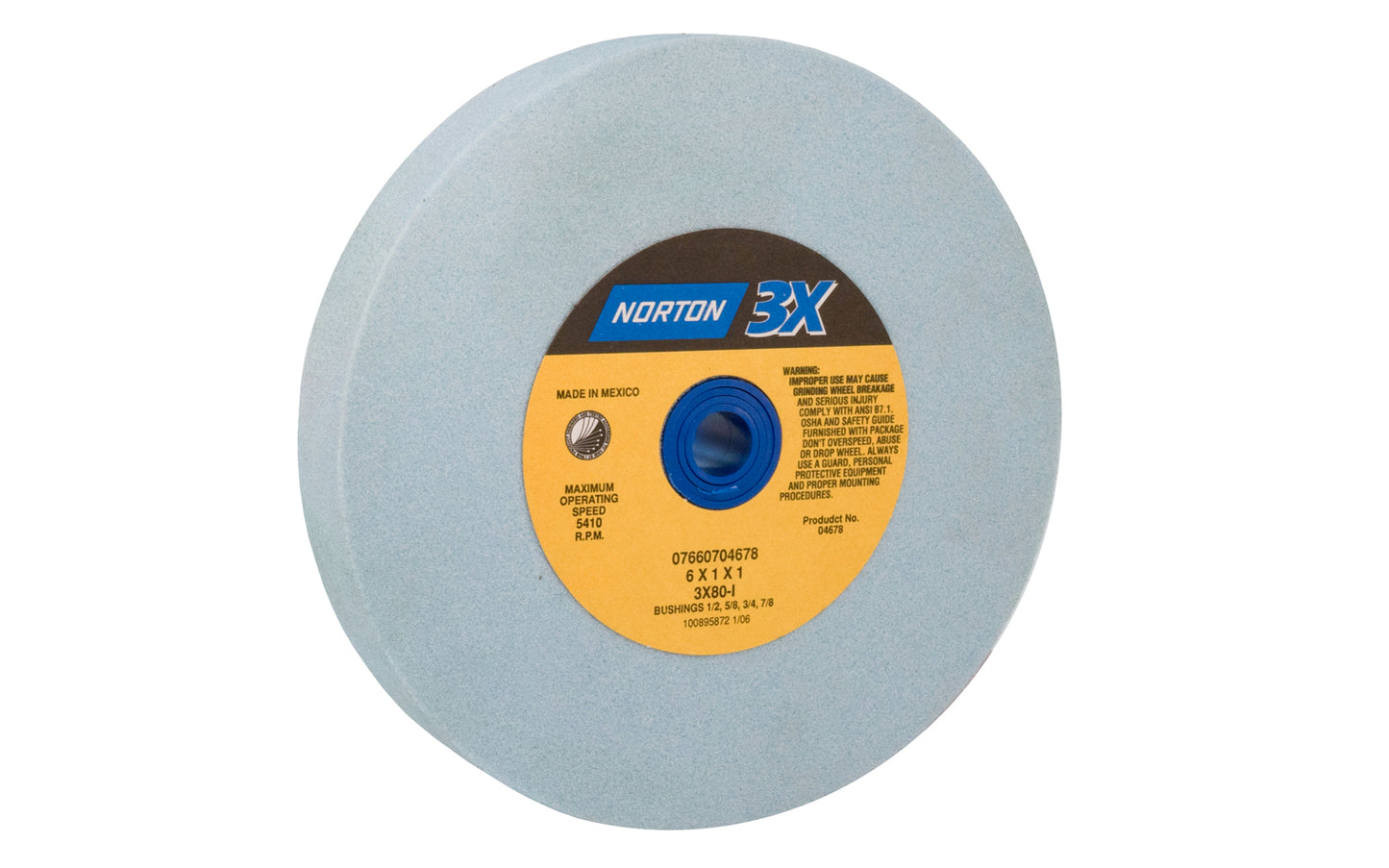 6" Ceramic Alumina Bench Grinding Wheel made by Norton. Minimizes burn - 3x high performance. 6" diameter of wheel. 1" thickness. 80 grit. 5410 Max RPM. Model 04678. 076607046789