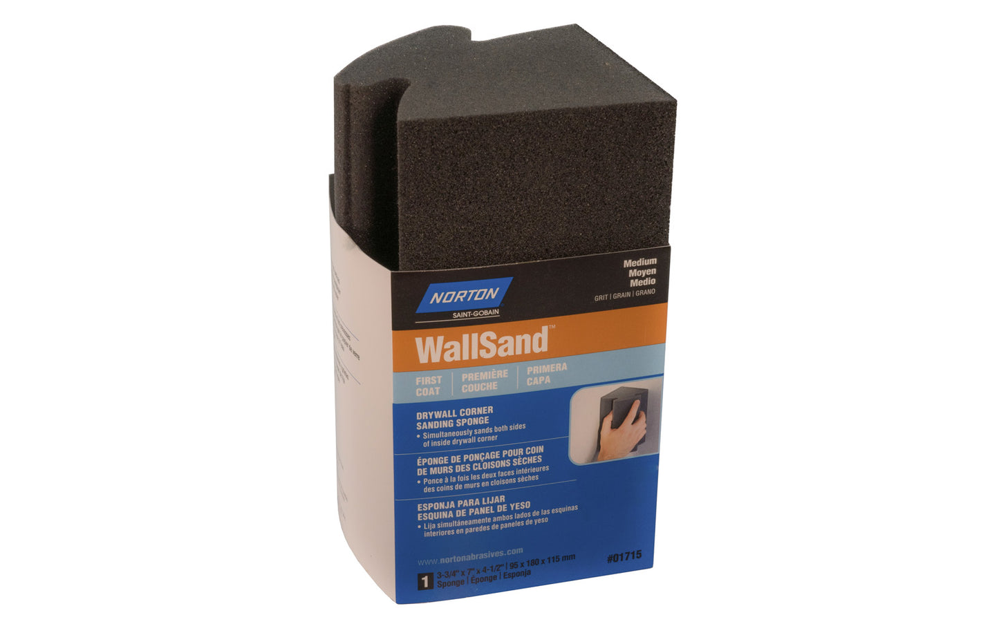Norton "WallSand" Drywall Corner Sanding Sponge. Simultaneously sands both sides of inside drywall corners. Angled sides for corners & cervices. Durable - Lasts longer than sandpaper. Use wet or dry. Model 01715 Made by Norton Abrasives, St. Gobain. 076607017154