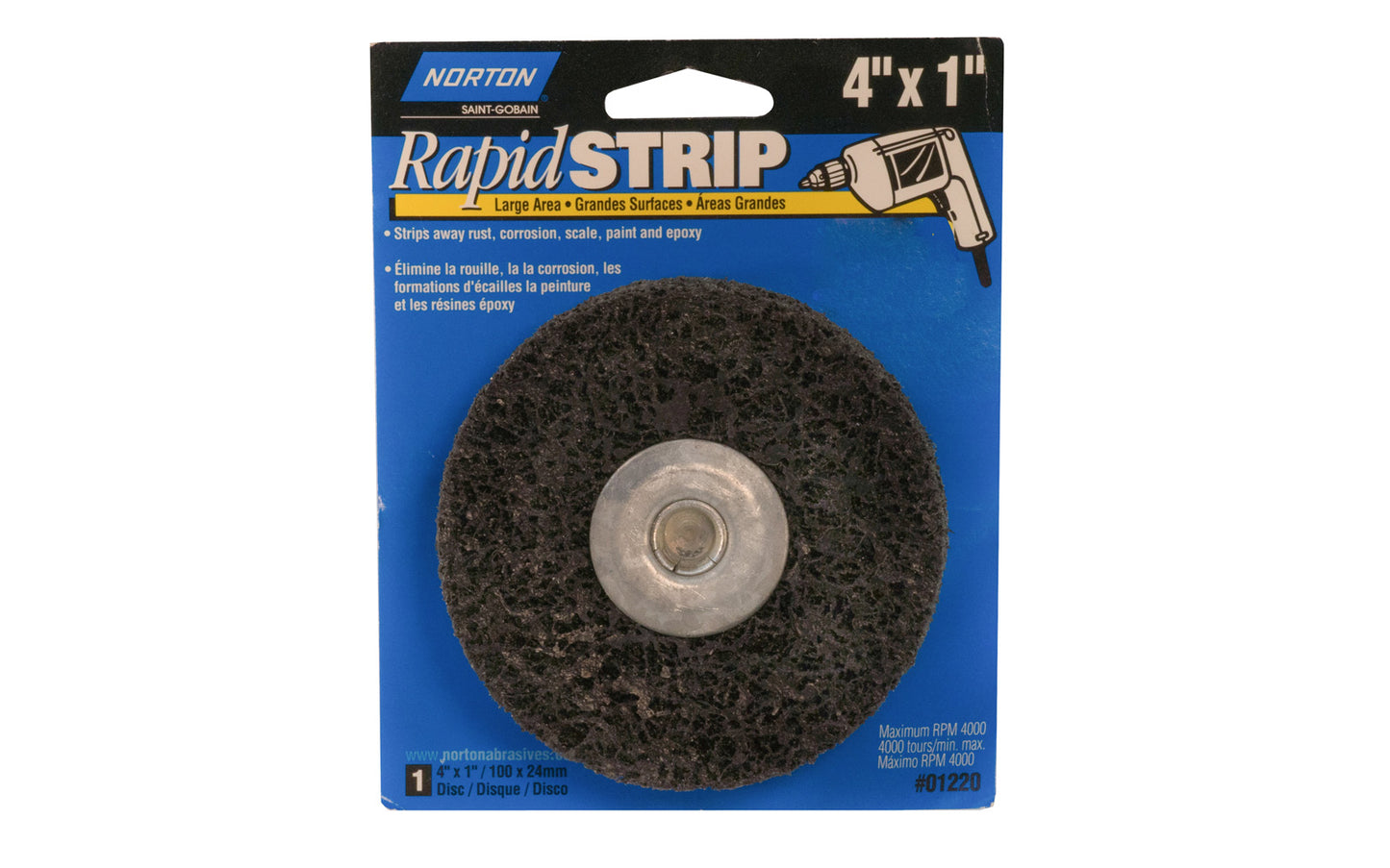 Norton 4" x 1" "Rapid Strip" Wheel - 1/4" Shank. Strips away rust, corrosion, scale, paint & epoxy. Aluminum Oxide abrasive. Max RPM 4000. Norton Abrasives Model 04015. 076607012203