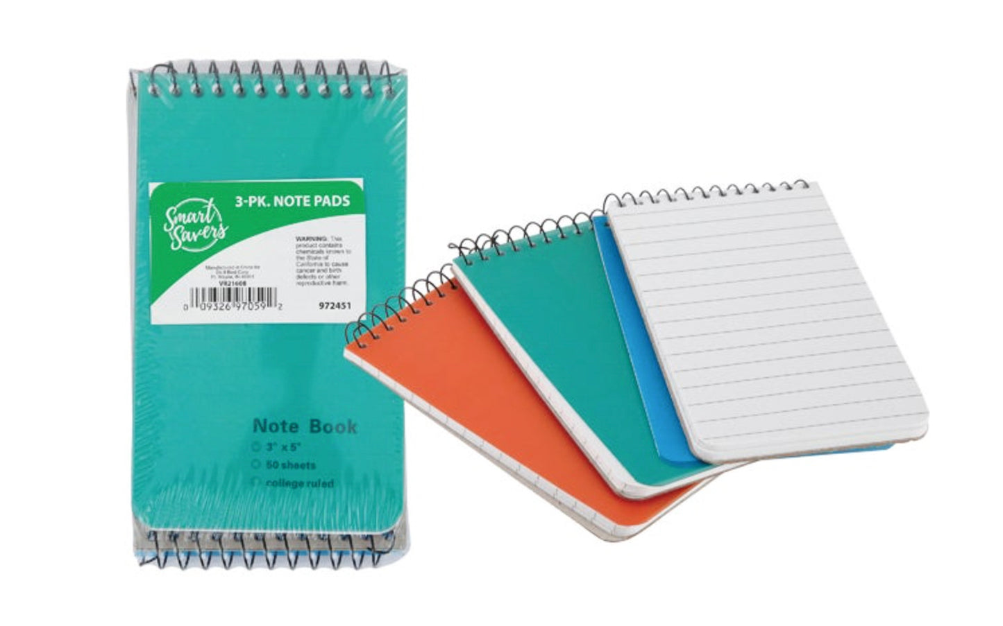 3 pack of college ruled note pads. Convenient 3" x 5" size with a spiral binding. 50 sheets each pad. 3 PK. 009326970592