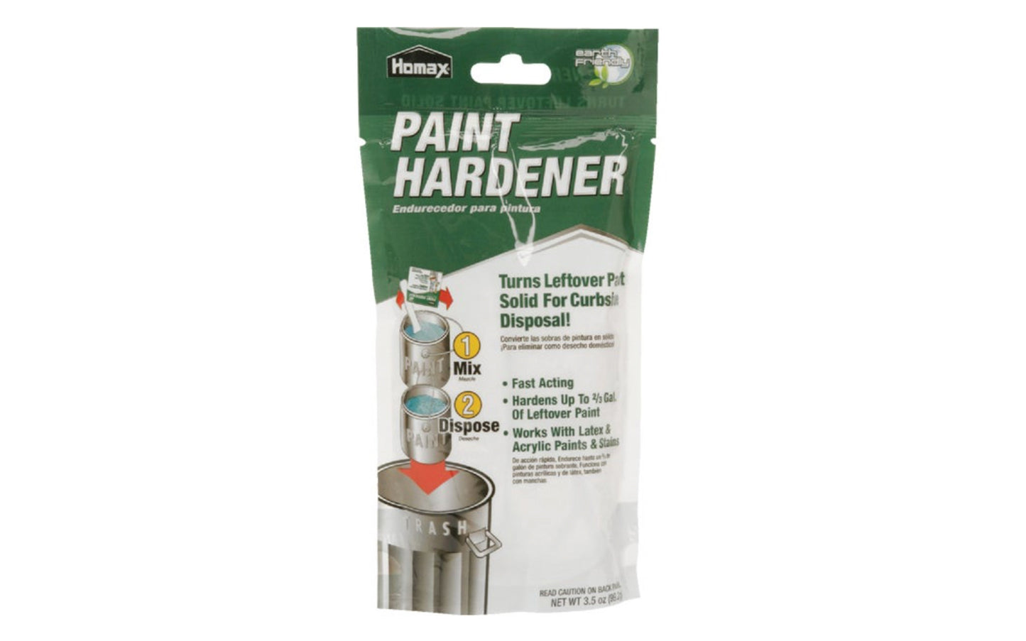 Homex Paint hardener quickly turns leftover paint solid for curbside disposal. Mix with paint, let harden, and dispose. Hardens up to 2/3 gallon of leftover paint. Works with latex & acrylic paints & stains. 3.5 oz. 041072035354