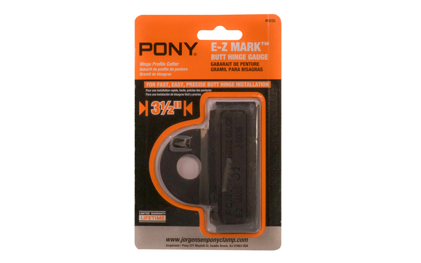 Pony 3-1/2" butt hinge size gauge, Model 9035. Speeds & cuts sharp, clean profiles in doors & jambs for accurate hinge installation. Depth scriber on gauge marks correct depth for mortise. 044295903509. Hinge profile cutter speeds & simplifies door hanging.