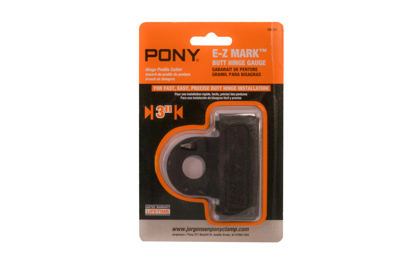 Pony 3" butt hinge size gauge, Model 9030. Speeds & cuts sharp, clean profiles in doors & jambs for accurate hinge installation. Depth scriber on gauge marks correct depth for mortise. 044295903004. Hinge profile cutter speeds & simplifies door hanging.