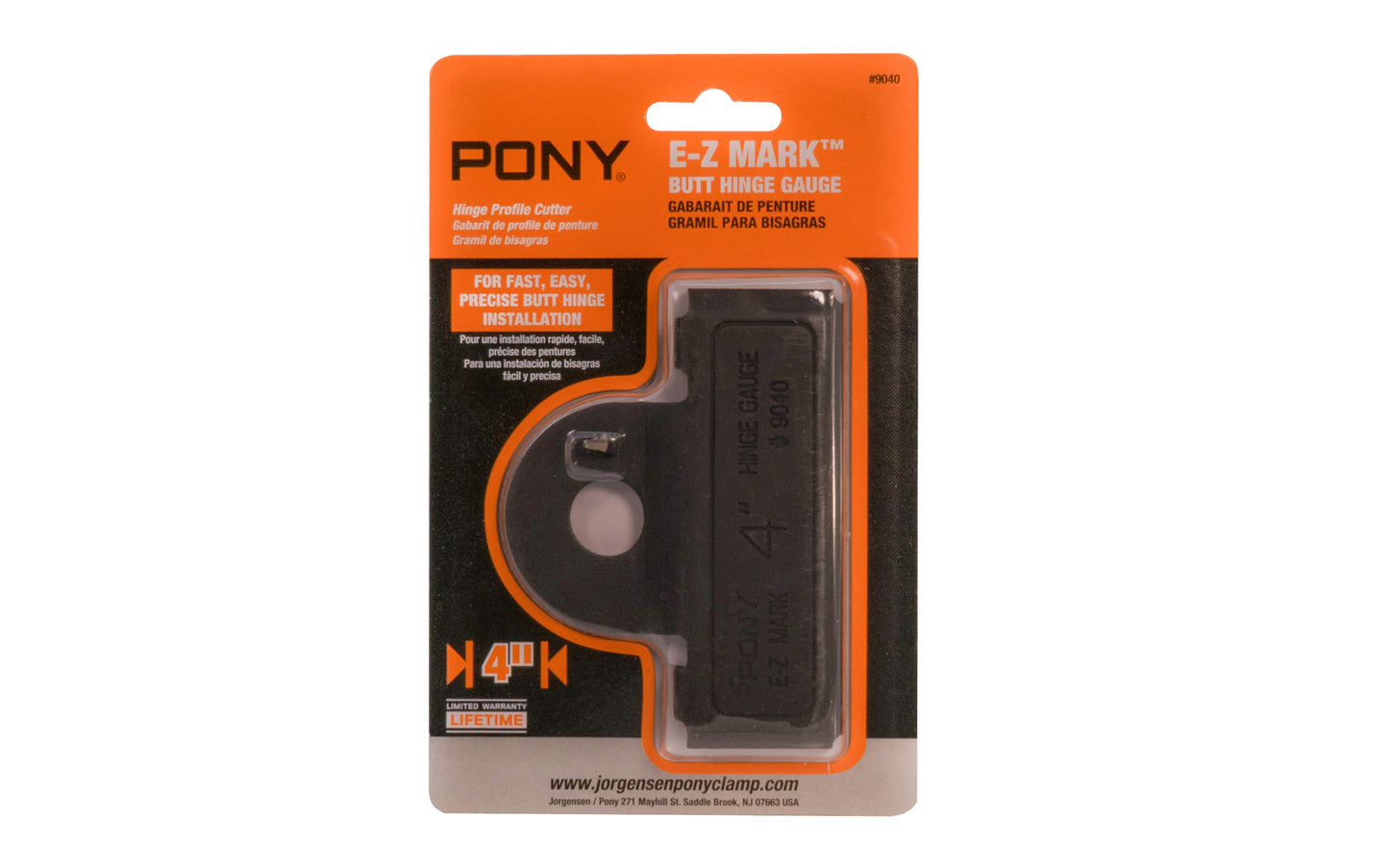 Pony 4" butt hinge size gauge, Model 9040. Speeds & cuts sharp, clean profiles in doors & jambs for accurate hinge installation. Depth scriber on gauge marks correct depth for mortise. 044295904001. Hinge profile cutter speeds & simplifies door hanging.