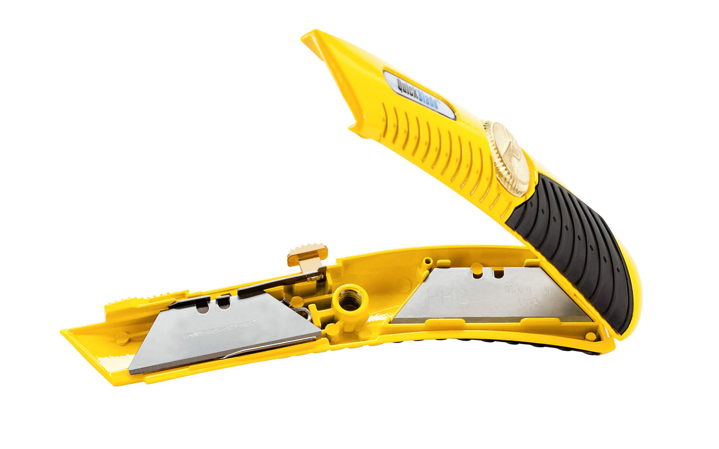 This retractable metal utility knife is a contractor quality knife with a die cast metal body, ergonomic rubber grip & three secure locking blade depths. Integrated hinge design & easy-open dial. 6-1/2" overall length. 073441001127. Model QBR-18 knife. PHC - Pacific Handy Cutter. QBR-18 Retractable Metal Utility Knife