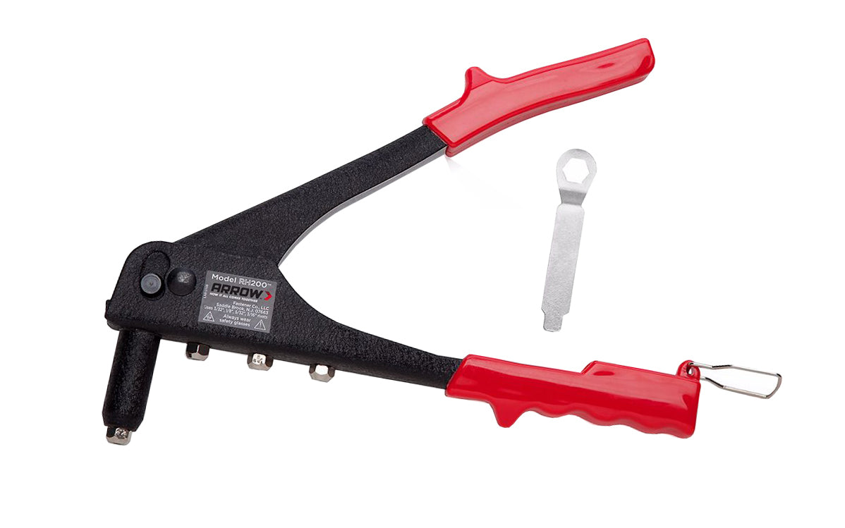 This Arrow RH200S Rivet Tool is a heavy duty rivet tool for HVAC, sheet metal, gutters, storm doors, automotive. Four different size nose pieces & nose changing wrench. Works with steel rivets in sizes: 3/32", 1/8", 5/32", & 3/16". Works with aluminum rivets in sizes: 3/32", 1/8" & 5/32". Arrow Fastener Model RH200.