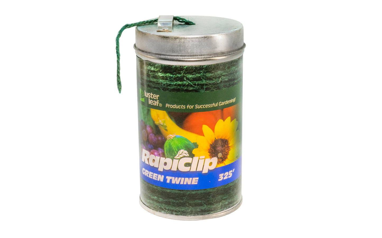 Ratural 3-ply jute green garden twine "Rapiclip" by Luster Leaf. Features an easy to use dispenser can & storage tin with cutting blade. Large 325-foot spool. Perfect for uses in the garden & house. 3-Ply Green Jute Twine with Storage Tin - 325'. 035307004048. Quality eco-friendly material. Garden Green Jute Twine