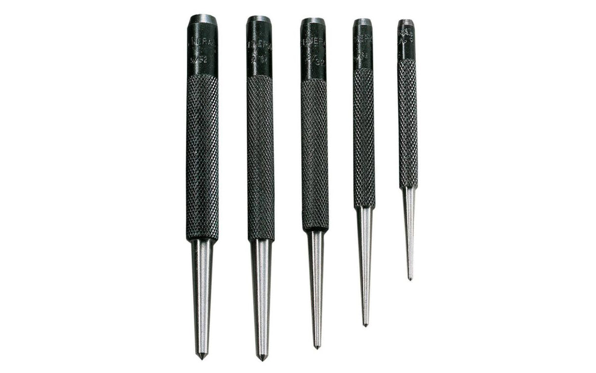 This General Tools Center Punch Set - SPC74 is a five-piece Center Punch Set is ideal for driving objects & nails, or making a dimple in a work piece where you intend to drill a hole. Sizes included: 1/16", 5/64", 3/32", 9/64", 5/32". 038728310187