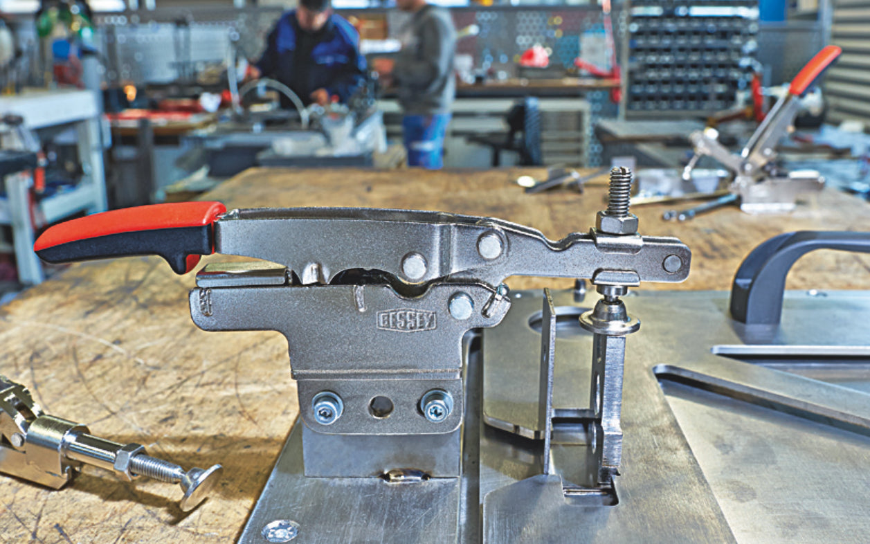 Bessey Auto-Adjust Horizontal Toggle Clamp - STC-HV20. Auto-adjustment - Self adjusts to variations in workpiece while maintaining clamping force - 3/16" clamping capacity. Adjustable clamping force based on the adjusting screw in the joint (Range of 25 to 250 lbs.). Holding capacity up to 450 lbs (nominal)
